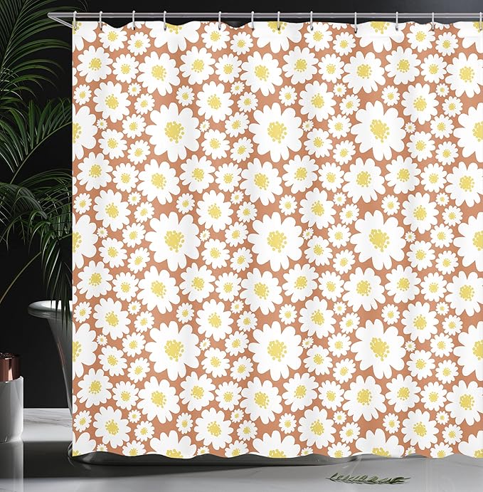 Ambesonne Floral Shower Curtain, Pastel Cartoon Like Flowers Daisies Spring Time Season Artwork Print, Cloth Fabric Bathroom Decor Set with Hooks, 69" W x 75" L, Cinnamon White
