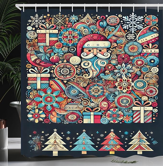 Ambesonne Christmas Shower Curtain, Color Jumble Xmas of Santa Flowers Trees Snow with American Trad Lines, Cloth Fabric Bathroom Decor Set with Hooks, 69" W x 70" L, Slate Blue Multicolor