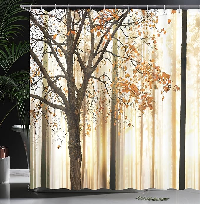 Ambesonne Autumn Shower Curtain, Picture of Tree with Orange Leaves an Abstract Woodland Background, Cloth Fabric Decor for Home Fall Curtains Bathroom Set with 12 Hooks, 69" W x 84" L, Orange Yellow