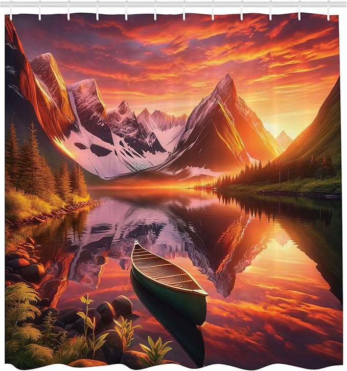 Ambesonne Lake Shower Curtain, Mural Like Landscape Lonely Boat on Reflection Trres and Mountains, Cloth Fabric Bathroom Decor Set with Hooks, 69" W x 75" L, Olive Green and Burnt Sienna