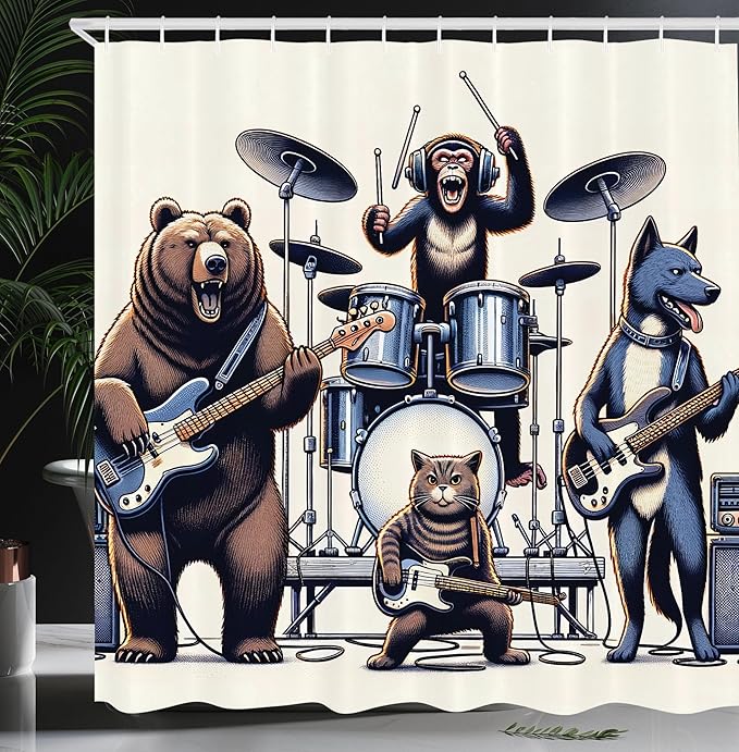 Ambesonne Musician Animals Shower Curtain, Humorous Band with Wolf Bear Cat and Monkey Rock Concert, Cloth Fabric Bathroom Decor Set with Hooks, 69" W x 84" L, Lavender Blue Brown White