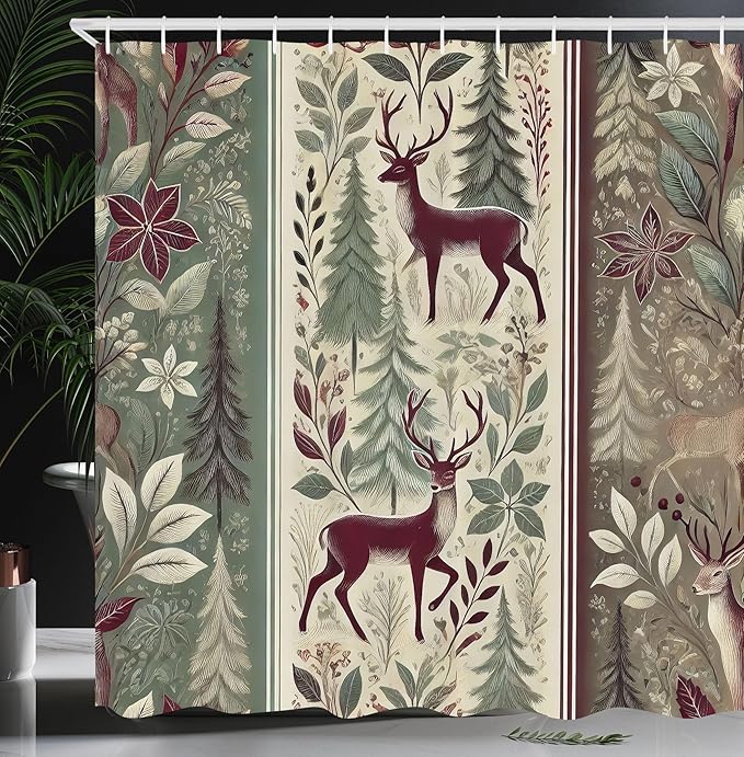 Ambesonne Christmas Shower Curtain, Nordic Nature Style Classic Vintage Trees Flowers Leaves and Deer, Cloth Fabric Bathroom Decor Set with Hooks, 69" W x 70" L, Raspberry and Sage Green