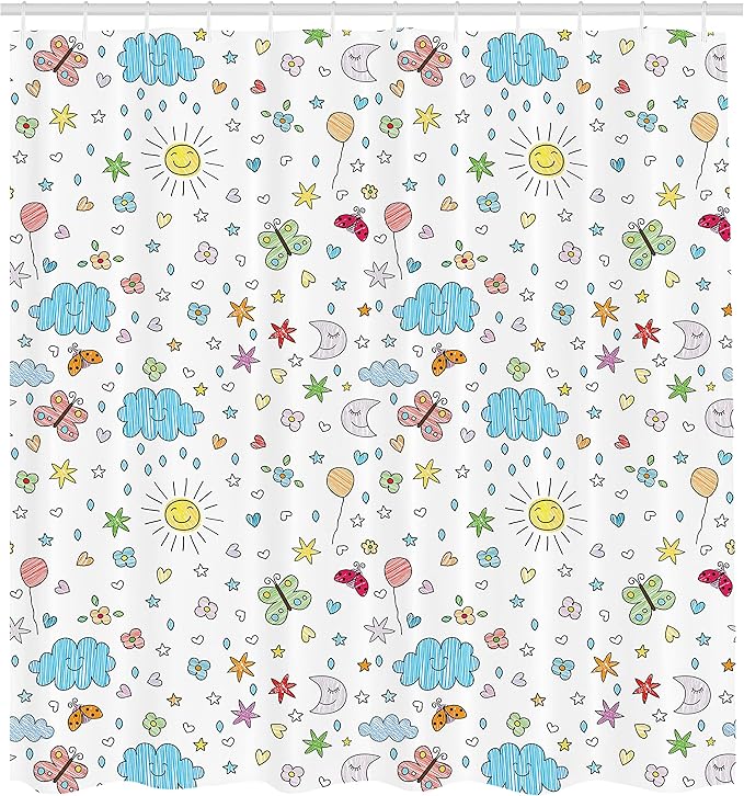 Ambesonne Retro Shower Curtain, Smiling Sun Moon Stars Clouds Flowers Butterflies Ladybugs Heart Shapes Art, Cloth Fabric Bathroom Decor Set with Hooks, 69" W x 84" L, Yellow Blue