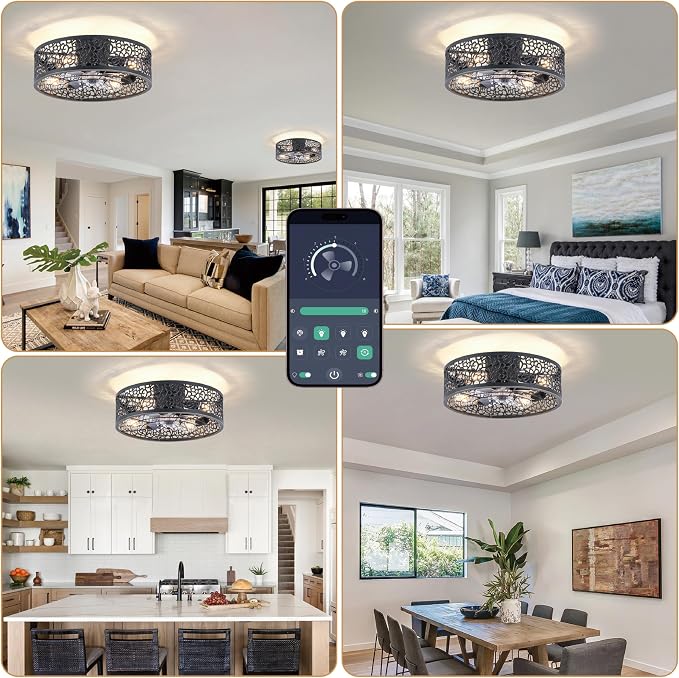 COCOSTAR Caged Ceiling Fan with Light Flush Mount Farmhouse Black Fandelier | Remote/APP,Low Profile,Enclosed,Bladeless,Quiet,20" Rustic Light Fixture with Fan for Kitchen Bedroom Living Room Dining Room