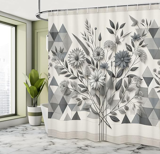Ambesonne Grey Shower Curtain, Wild Flowery with Melancholic Boho Leaves on Geometric Triangle Pattern Back, Cloth Fabric Bathroom Decor Set with Hooks, 69" W x 84" L, Grey Teal Slate Blue