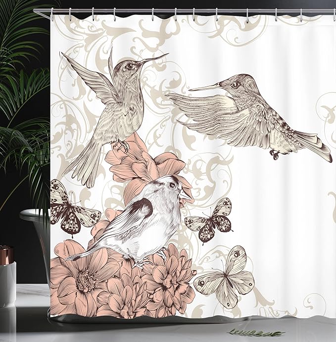 Ambesonne Hummingbird Shower Curtain, Vintage Style Art with Birds Butterflies on Blossoms Ornamental Background, Cloth Fabric Bathroom Decor Set with Hooks, 69" W x 70" L, Brown Tan