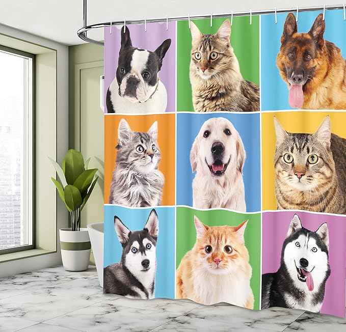 Ambesonne Animal Shower Curtain, Various Dog and Cat Portraits Puppies Kittens Pet Company Funny Humor Design, Cloth Fabric Bathroom Decor Set with Hooks, 69" W x 84" L, Green Blue