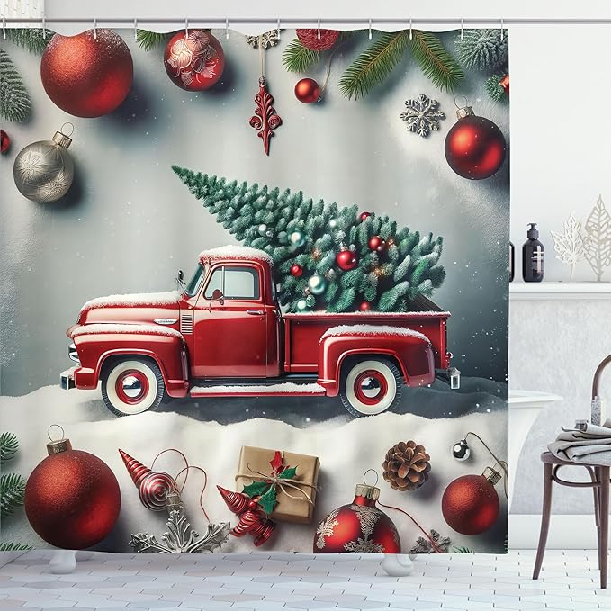 Ambesonne Christmas Shower Curtain, Vintage Red Truck with a Pine Tree and Holiday Season Ornaments Snowy Winter, Cloth Fabric Bathroom Decor Set with Hooks, 69" W x 70" L, Grey Teal Ruby