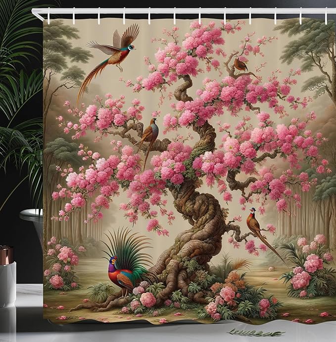 Ambesonne Spring Shower Curtain, Japanese Magic Sakura Tree with Colorful Crane Birds Vintage Framed Print, Cloth Fabric Bathroom Decor Set with Hooks, 69" W x 84" L, Pale Brown Pink Teal