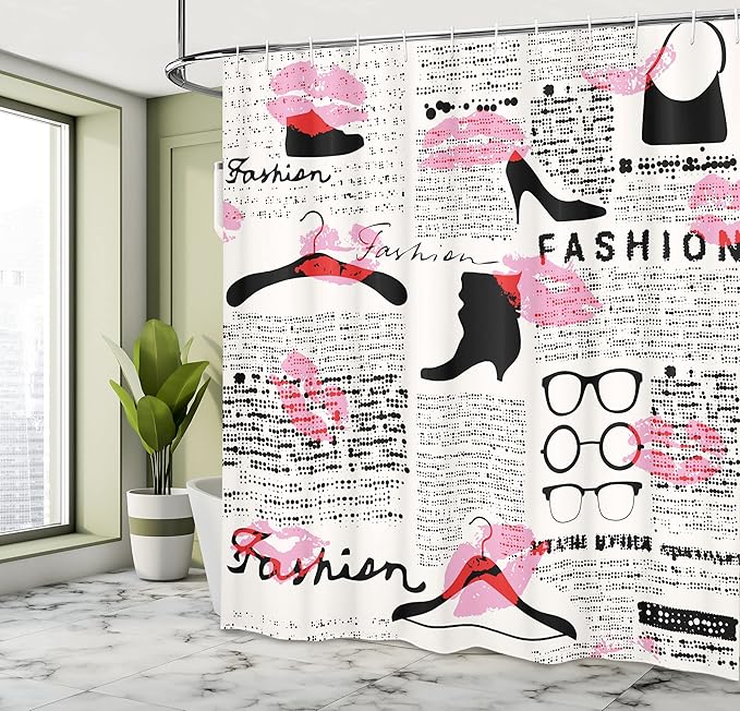 Ambesonne Old Newspaper Shower Curtain, Fashion Elements Kisses Lipstick Glasses Shoes Hangers Print, Cloth Fabric Bathroom Decor Set with Hooks, 69" W x 75" L, Pink Scarlet