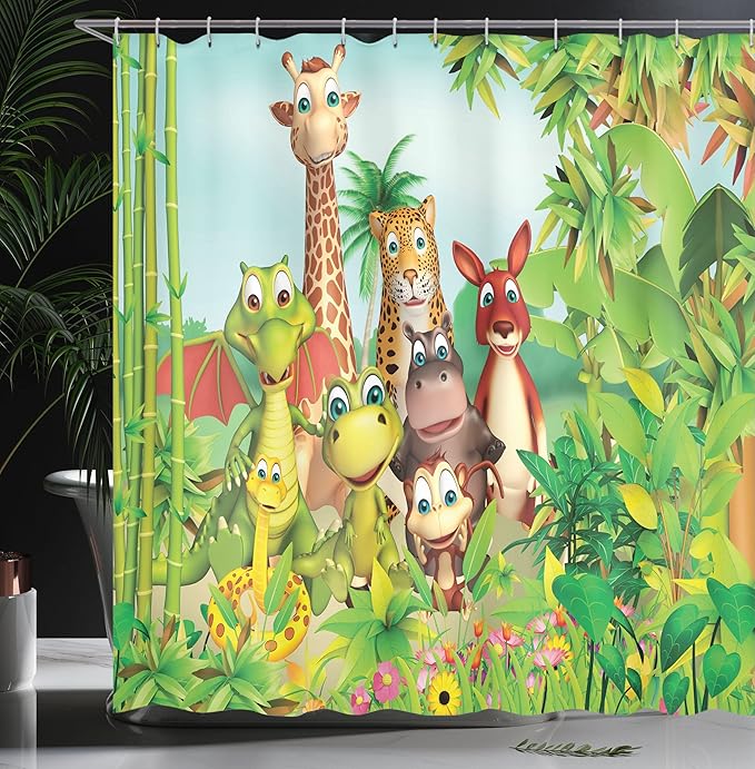 Ambesonne Cartoon Shower Curtain, Animals Giraffe Tiger Snake Dinosaur Hippo Monkey in Jungle Theme, Cloth Fabric Bathroom Decor Set with Hooks, 69" W x 75" L, Green