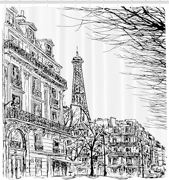 Ambesonne Paris Shower Curtain, Sketch Parisian Street with Trees and Eiffel Famous City Scenery Architectural Print, Cloth Fabric Bathroom Decor Set with Hooks, 69" W x 70" L, Black White