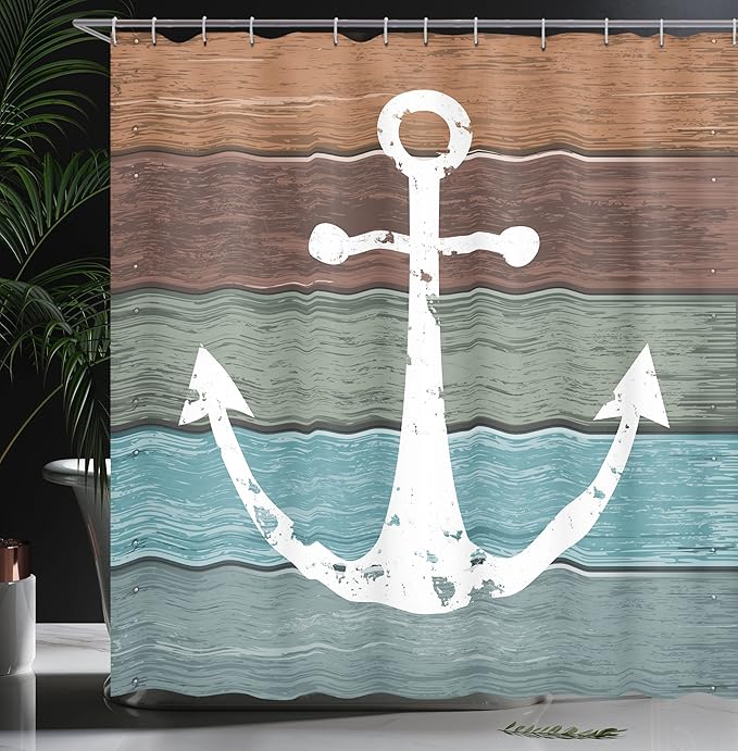 Ambesonne Anchor Shower Curtain, Rustic Sea Nautical Illustration Marine Pattern on Grungy Ocean Wooden Planks, Cloth Fabric for Bathroom Themed Decor Sets with Hooks, 69" W x 84" L, Multicolor White