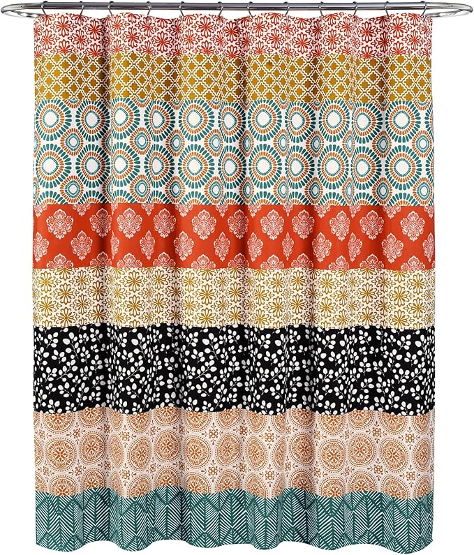 Lush Decor Bohemian Stripe Shower Curtain 72" W x 84" L Turquoise & Orange - Bathroom Curtain - Extra Long Shower Curtain - Boho Decor - Striped Shower Curtains