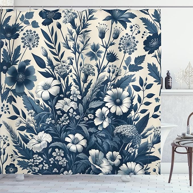 Ambesonne Navy Blue Shower Curtain, Vintage Style Cottagecore Spring Night Floral Arrange Wildflowers, Cloth Fabric Bathroom Decor Set with Hooks, 69" W x 70" L, Dark Slate Blue Coconut
