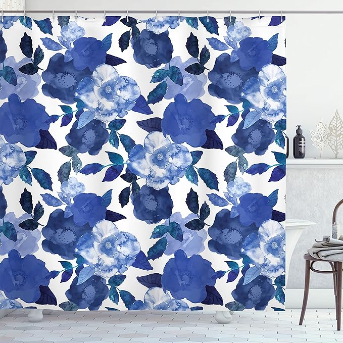 Ambesonne Flower Shower Curtain, Lively Watercolor Painted Simplistic Large Flowers and Leaves Inspired by Spring Season Artwork, Cloth Fabric Bathroom Decor Set with Hooks, 69" W x 84" L, Blue White