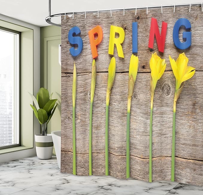 Ambesonne Daffodils Shower Curtain, Letters Spelling Word Spring with Daffodil Flowers on Wooden Backdrop Image, Cloth Fabric Bathroom Decor Set with Hooks, 69" W x 70" L, Yellow Red Blue