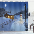 Ambesonne Christmas Shower Curtain, Wooden Rustic Log Cottage Scenery in The Winter Season Warm Moonlight, Cloth Fabric Bathroom Decor Set with Hooks, 69" W x 75" L, Ivory Blue