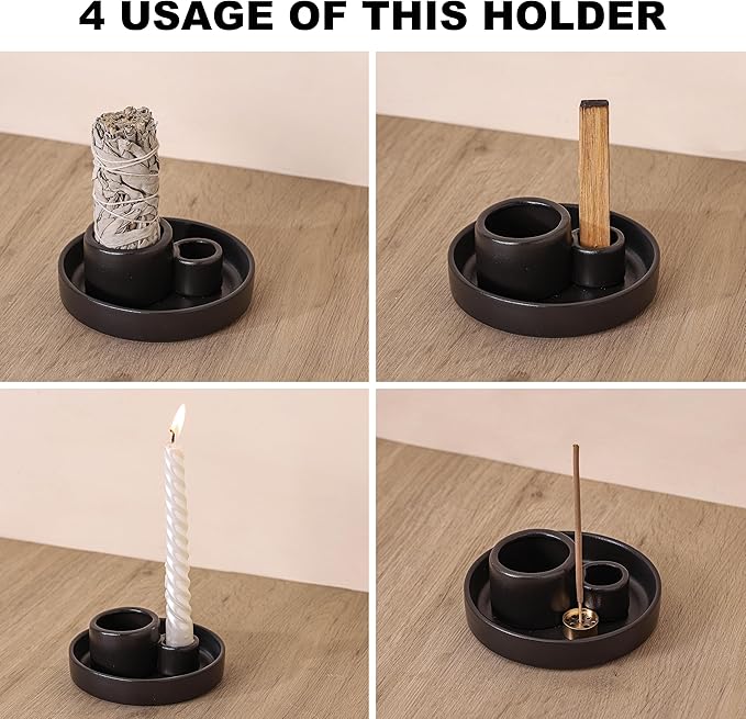 Ceramic Palo Santo and Sage Holder, Incense Holder for Palo Santo Sticks, Sage Burner Dish Stand with Ash Catcher, Modern Minimalist (Black)