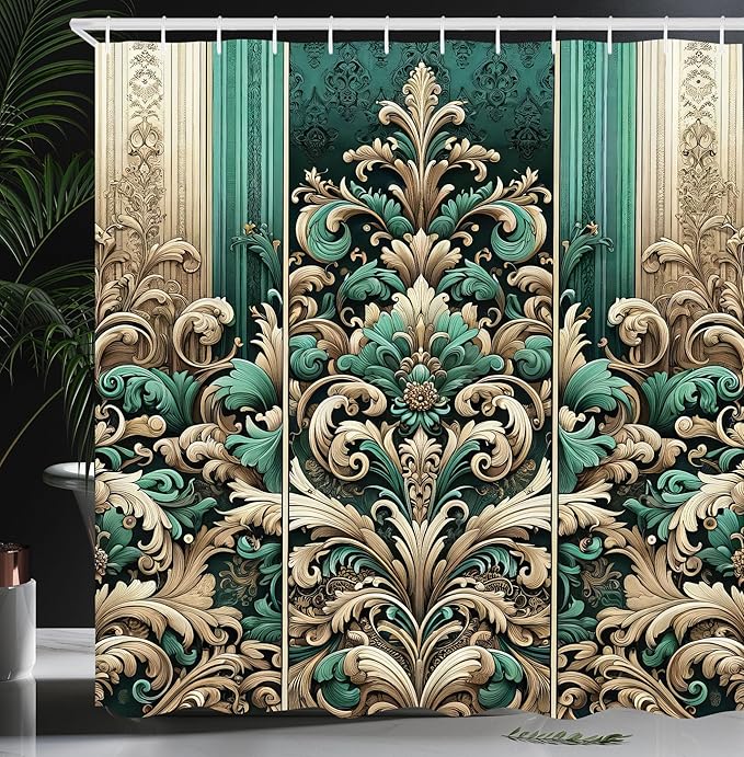 Ambesonne Damask Shower Curtain, Vintage Swirls and Curlicue Design Boho Nostalgic Oriental Influences, Cloth Fabric Bathroom Decor Set with Hooks, 69" W x 75" L, Teal Beige and Pale Brown