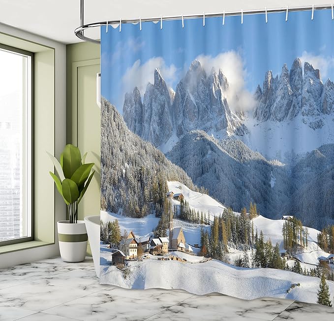 Ambesonne Mountain Shower Curtain, Mountain Village Scenery in Winter with Snow Peaks Northern Zone Spot Alps, Cloth Fabric Bathroom Decor Set with Hooks, 69" W x 75" L, White Green