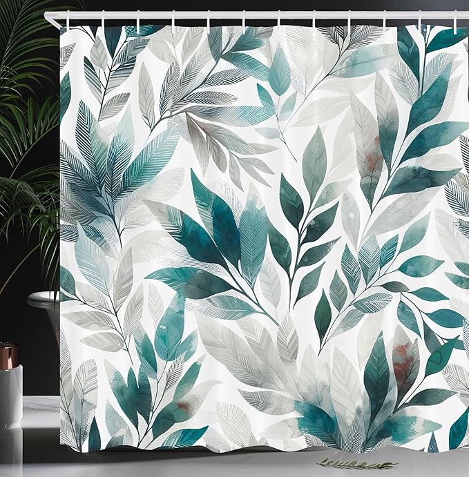 Ambesonne Teal Shower Curtain, Urban Jungle Theme Phantom of Leaves Greenery on Plain Back Dreamy Exotics, Cloth Fabric Bathroom Decor Set with Hooks, 69" W x 70" L, Purpleblue Petrol Blue