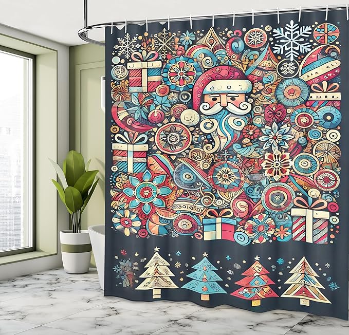 Ambesonne Christmas Shower Curtain, Color Jumble Xmas of Santa Flowers Trees Snow with American Trad Lines, Cloth Fabric Bathroom Decor Set with Hooks, 69" W x 75" L, Slate Blue Multicolor