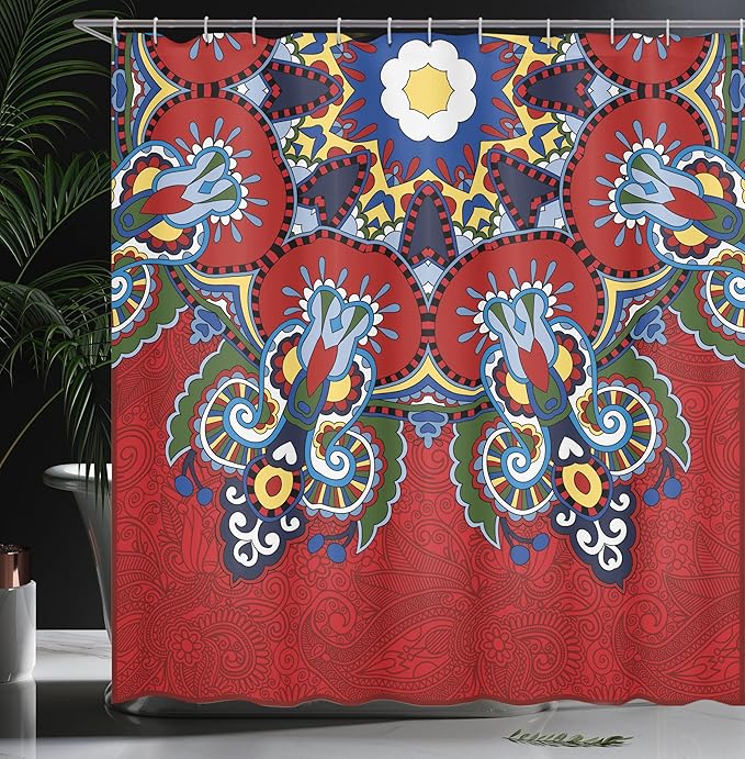 Ambesonne Mandala Shower Curtain, Color Jumble of Lace Like Flowers Leaves Swirls Vintage Illustration Folk Themed, Cloth Fabric Bathroom Decor Set with Hooks, 69" W x 70" L, Red