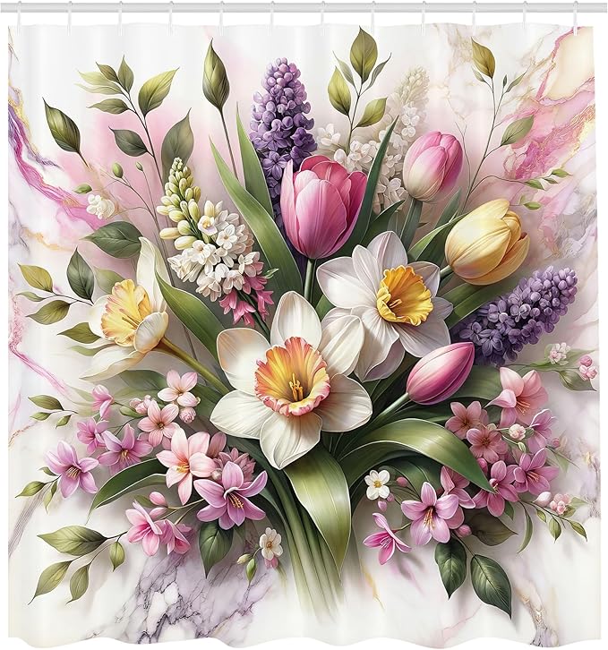 Ambesonne Spring Shower Curtain, Delicate Tulip Pansies and Bluebell Flowers Arrange on Marble Print Back, Cloth Fabric Bathroom Decor Set with Hooks, 69" W x 84" L, Lavender Green Pink