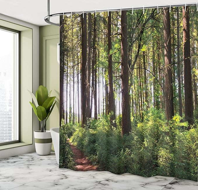 Ambesonne Forest Shower Curtain, Pathway in a Shady Forest of Bushes and Thick Trunks Grass Unique Wild Life Scenery, Cloth Fabric Bathroom Decor Set with Hooks, 69" W x 75" L, Green Brown