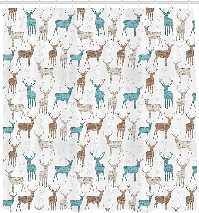 Ambesonne Deer Shower Curtain, Animals with Old Text Pattern Christmas Theme Vintage Inspired Illustration, Cloth Fabric Bathroom Decor Set with Hooks, 69" W x 70" L, Turquoise Beige