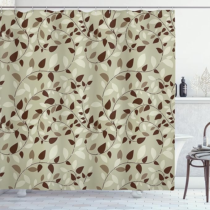 Ambesonne Leaf Shower Curtain, Pattern with Vines Leaves Nature Curvy Branches Plants Garden Floral Illustrated Art, Cloth Fabric Bathroom Decor Set with Hooks, 69" W x 75" L, Beige Brown