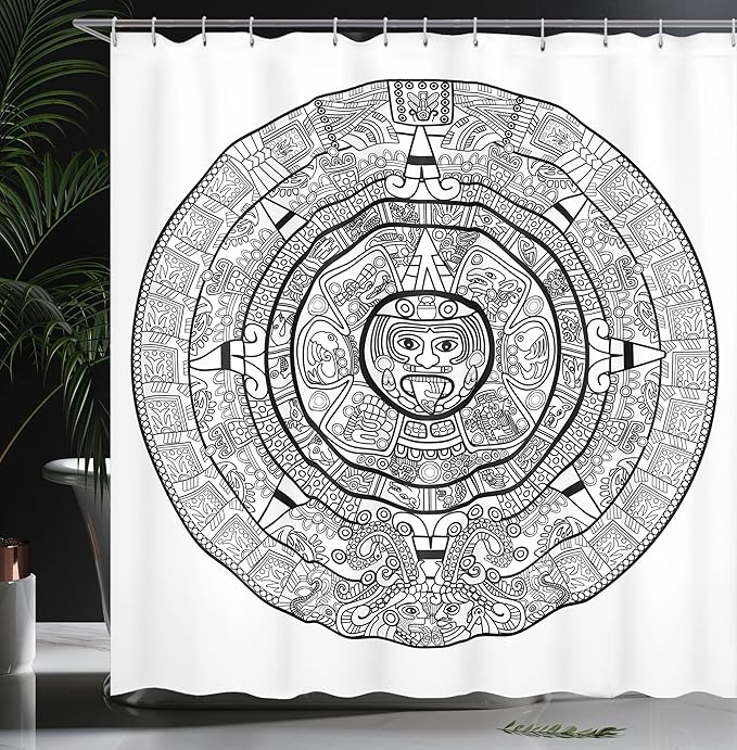 Ambesonne Mesoamerican Shower Curtain, Maya Calendar Accurate Antiquities Astrological Aztec Geometric Indigenous, Cloth Fabric Bathroom Decor Set with Hooks, 69" W x 70" L, Ivory Black