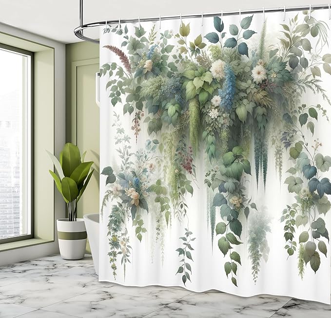 Ambesonne Botanical Shower Curtain, Branches and Leaves Cascading Down Look Motif in Watercolor Style Print, Cloth Fabric Bathroom Decor Set with Hooks, 69" W x 70" L, Green Blue and White