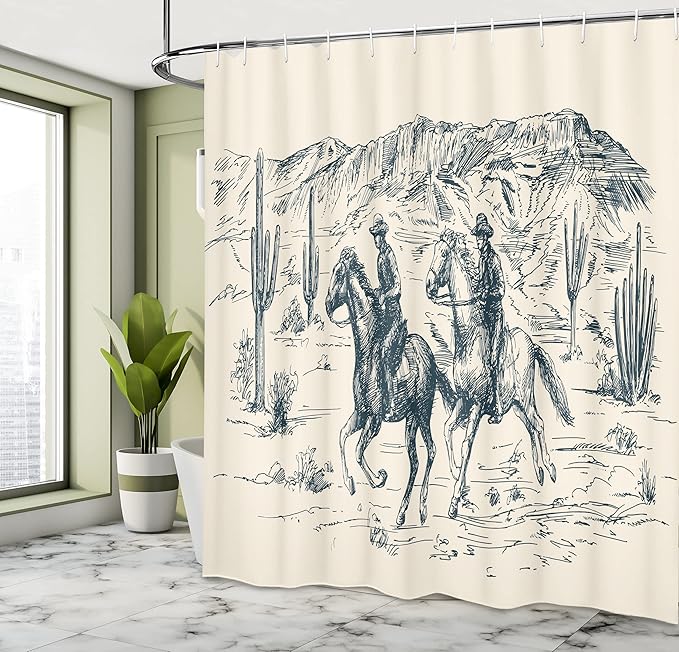 Ambesonne Western Shower Curtain, Country Theme Hand Drawn Illustration of American Wild West Desert with Cowboys, Cloth Fabric Bathroom Decor Set with Hooks, 69" W x 75" L, Slate Blue