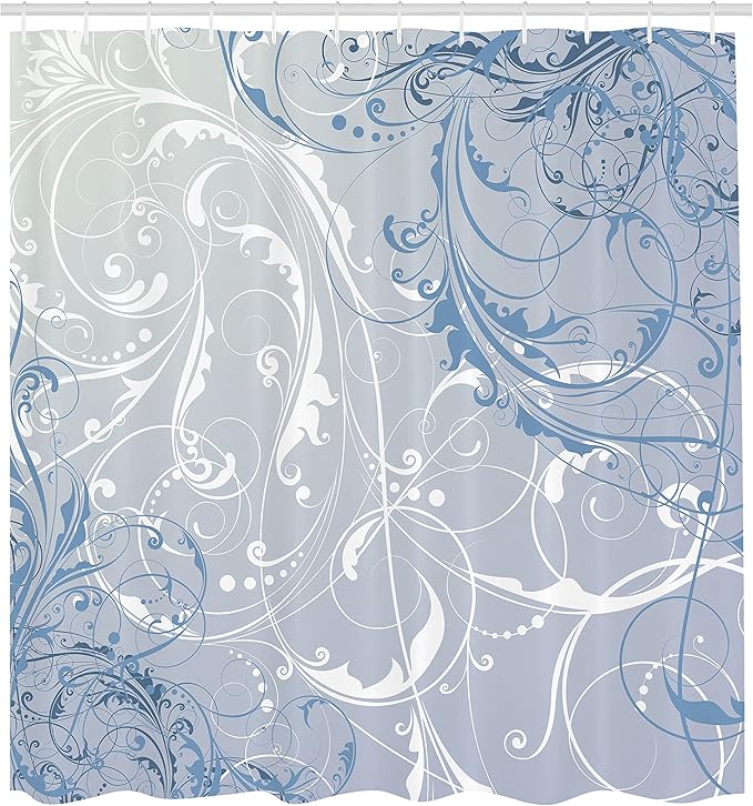 Ambesonne Floral Shower Curtain, Baroque Swirl Branches Curved Flower Leaves Shabby Form Nature Pattern, Cloth Fabric Bathroom Decor Set with Hooks, 69" W x 84" L, Petrol Blue
