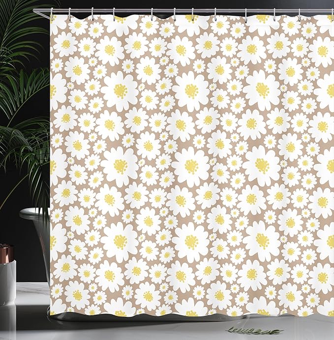 Ambesonne Floral Shower Curtain, Pastel Cartoon Like Flowers Daisies Spring Time Season Artwork Print, Cloth Fabric Bathroom Decor Set with Hooks, 69" W x 70" L, Warm Taupe
