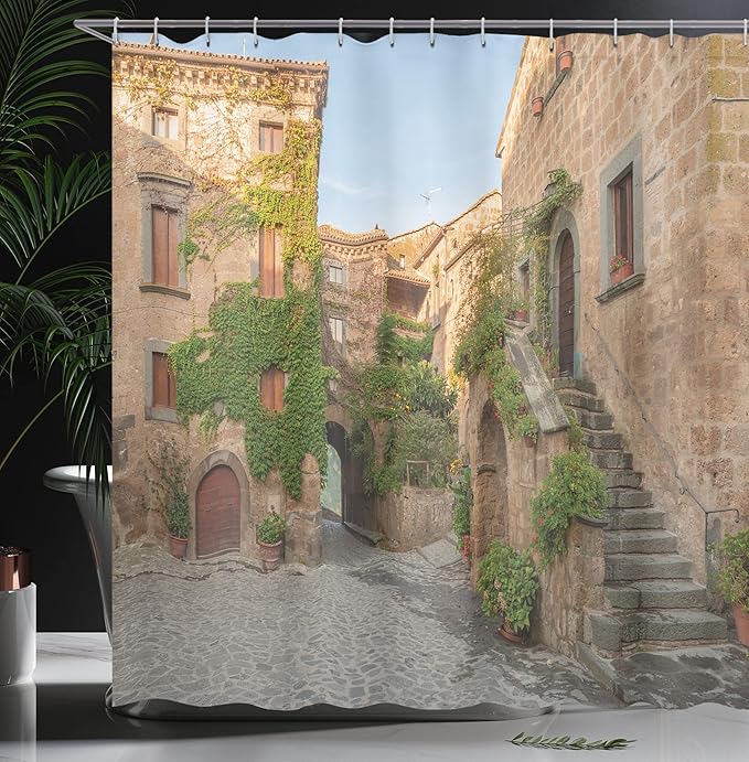 Ambesonne Tuscan Shower Curtain, Village Houses with Colorful Flowers Outside in Burano Village Venice Italy Image, Cloth Fabric Bathroom Decor Set with Hooks, 69" W x 70" L, Green Ivory