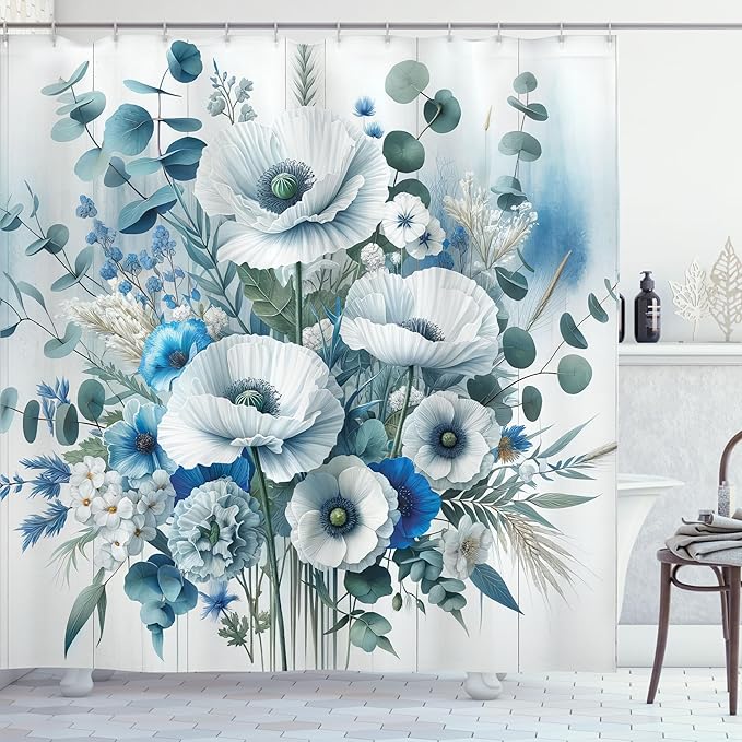 Ambesonne Blue Shower Curtain, Blooming Poppies with Dramatic Eucalyptus Leaves Botanical Style Print, Cloth Fabric Bathroom Decor Set with Hooks, 69" W x 75" L, Cadet Blue Laurel Green