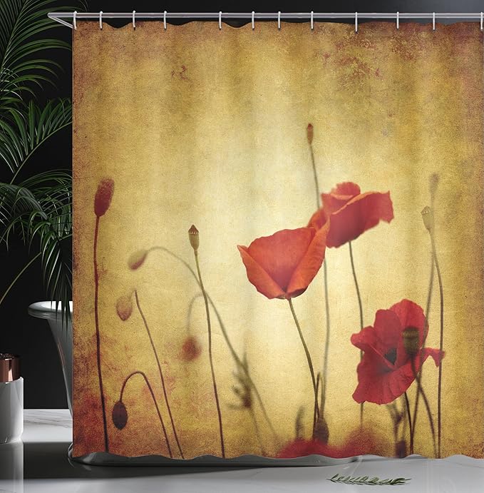 Ambesonne Poppy Flower Shower Curtain, Flower and Buds on Ambient Grunge Background Retro Effects Bohemian, Cloth Fabric Bathroom Decor Set with Hooks, 69" W x 70" L, Pale Brown Vermilion