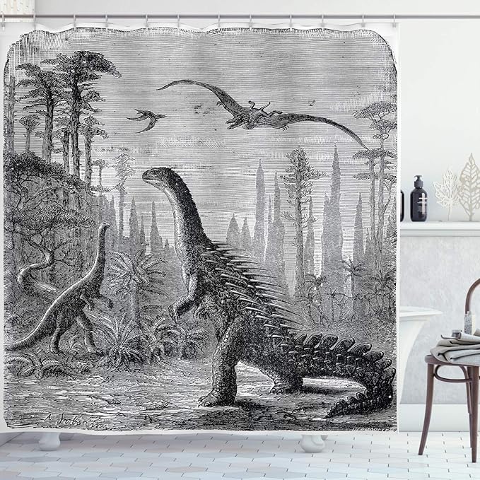 Ambesonne Fantasy Shower Curtain, Dinosaurs Dragons in an Araucaria Landscape Prehistorics on Earth Trex Illustration Print, Cloth Fabric Bathroom Decor Set with Hooks, 69" W x 70" L, Grey
