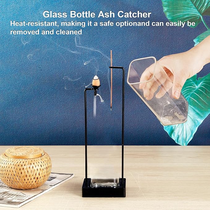 Incense Holder for Sticks and Incense Burner for Cone Incense Set, Upside Down Incense Burner with Removable Glass Ash Catcher Anti-Ash Flying Black