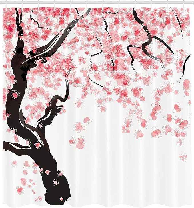 Ambesonne Floral Shower Curtain, Dogwood Tree Blossom in Watercolor Painting Effect Spring Season Theme Pinkish Tones, Cloth Fabric Bathroom Decor Set with Hooks, 69" W x 84" L, Black Pink