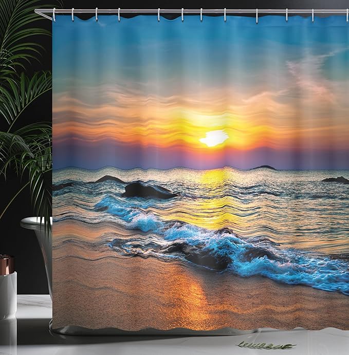 Ambesonne Tropical Shower Curtain, Colorful Last Sun Rays of The Day Over The Sea Waves Reflections Tropics, Cloth Fabric Bathroom Decor Set with Hooks, 69" W x 75" L, Umber Orange