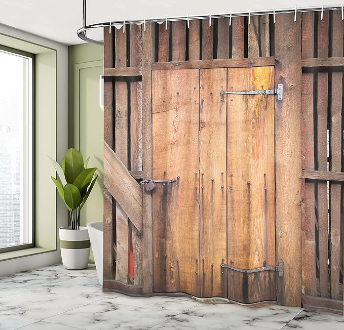 Ambesonne Rustic Shower Curtain, Dated Simple Door Like in Construction Vertical Barns House Nobody Bohemian Print, Cloth Fabric Bathroom Decor Set with Hooks, 69" W x 75" L, Chocolate