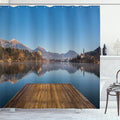 Ambesonne Landscape Shower Curtain, Old Deck by River Mountains Landscape Fall in Village Rural Scenic Print, Cloth Fabric Bathroom Decor Set with Hooks, 69" W x 70" L, Caramel Blue