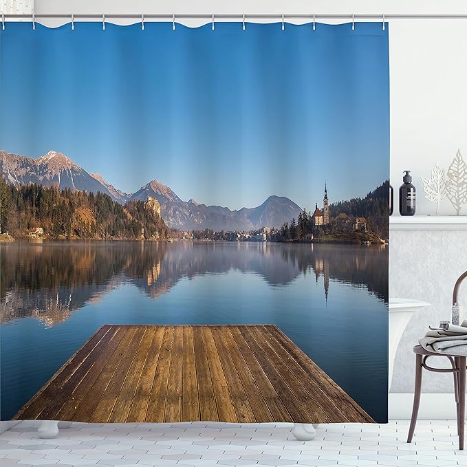 Ambesonne Landscape Shower Curtain, Old Deck by River Mountains Landscape Fall in Village Rural Scenic Print, Cloth Fabric Bathroom Decor Set with Hooks, 69" W x 84" L, Caramel Blue