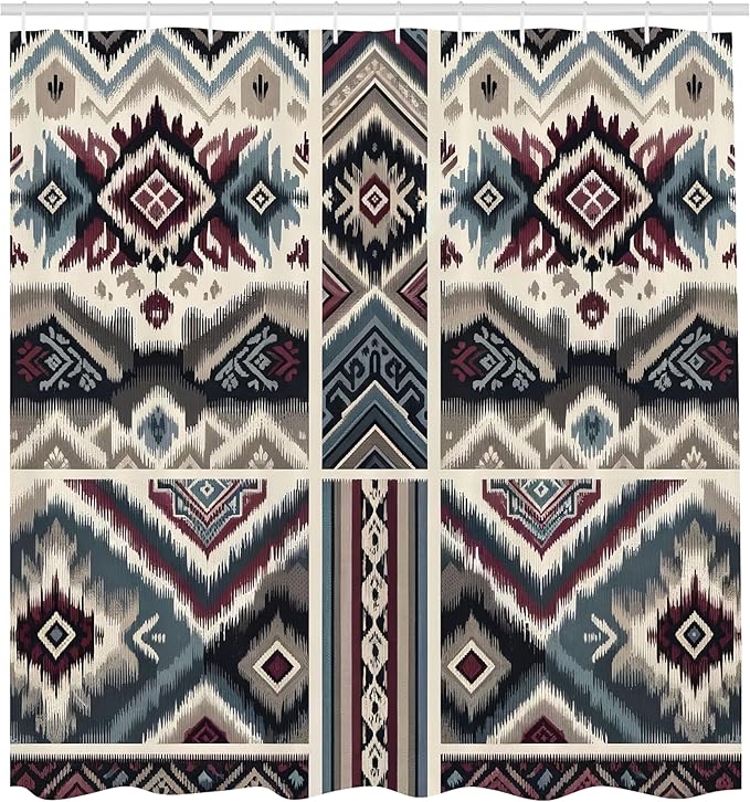 Ambesonne Ethnic Shower Curtain, Folk Geometric Zigzag and Abstract Shapes with Southwestern Inspirations, Cloth Fabric Bathroom Decor Set with Hooks, 69" W x 70" L, Blue Grey Plum Dimgray