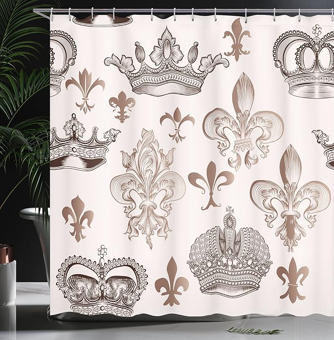 Ambesonne Fleur De Lis Shower Curtain, Crowns and Fleur-de-Lis Shapes in Engraved Style Fame Symbolic Artwork Print, Cloth Fabric Bathroom Decor Set with Hooks, 69" W x 70" L, Beige Tan