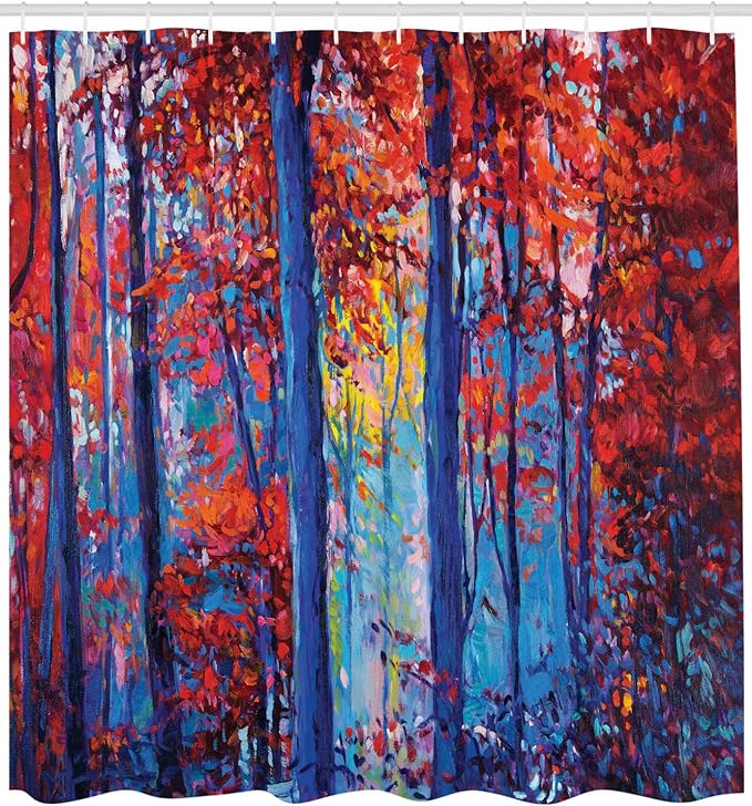 Ambesonne Forest Shower Curtain, Oil Painting View Autumn Forest Modern Impressionism Artwork Print, Cloth Fabric Bathroom Decor Set with Hooks, 69" W x 75" L, Scarlet Blue